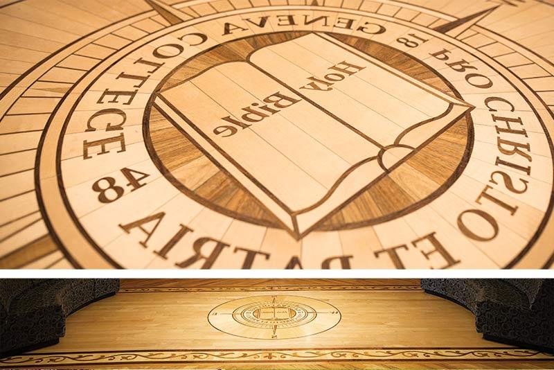 Floor woodwork with Geneva Seal - Holy Bible is at the center